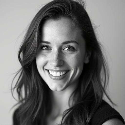 Portrait en noir et blanc de Chloé Dubois, une femme au sourire doux et réfléchi, directrice de création chez Ateliers Lumière.