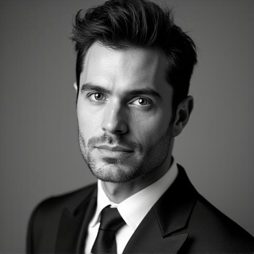 Portrait en noir et blanc de Jean-Marc Fournier, un homme au regard confiant et professionnel, co-fondateur des Ateliers Lumière.