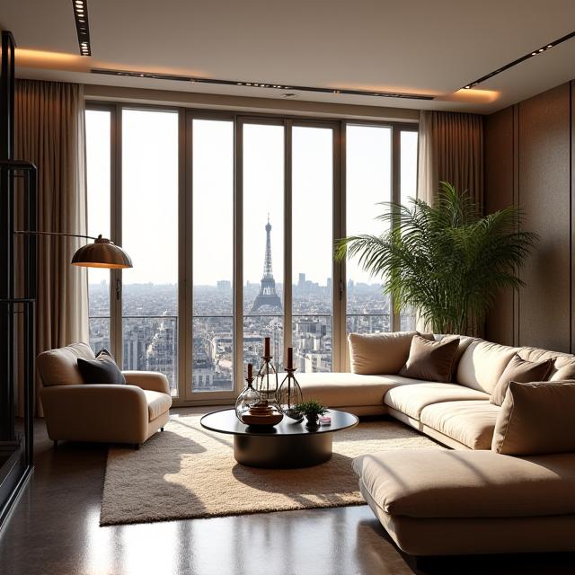 Vue d'un salon luxueux avec de grandes baies vitrées et une lumière naturelle abondante, invitant à la contemplation de la ville.