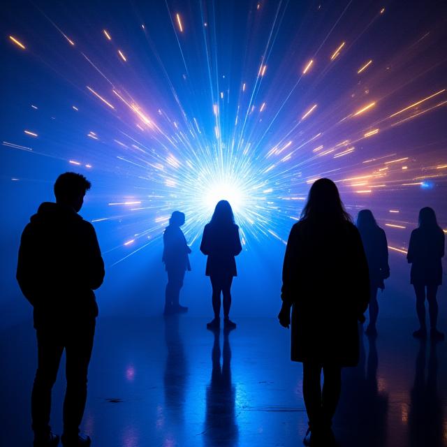 Installation artistique lumineuse et interactive dans un espace d'exposition sombre, créant une atmosphère immersive et captivante pour le visiteur.