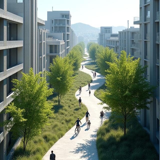 Vue aérienne d'un quartier urbain moderne intégrant des espaces verts abondants, des pistes cyclables et une architecture harmonieuse, symbolisant le développement durable.