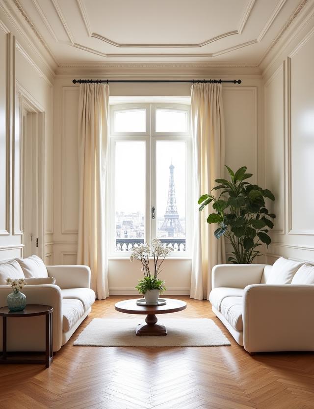 Aperçu d'un luxueux appartement parisien avec des moulures classiques, un parquet en point de Hongrie et un mobilier contemporain, éclairé par une grande fenêtre.