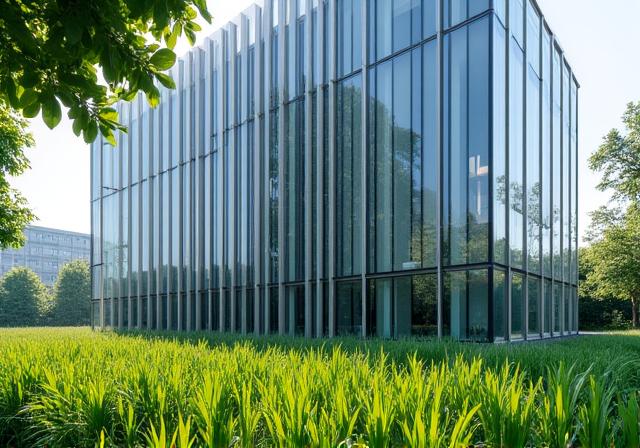 Façade moderne et minimaliste du Siège Social Veridis, avec de grandes baies vitrées reflétant le ciel et une verdure luxuriante au premier plan.